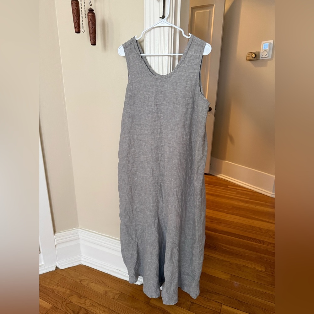 FLAX Jeanne Engelhart Linen Dress Medium Gray Sleeveless Lagenlook Minimalist